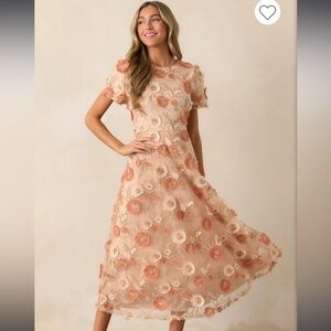 JessaKae Collection Jumping Ahead Tan Floral Embroidered Midi Dress Size Small